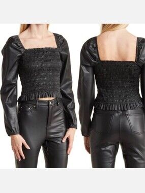 NEW! Bagatelle Smocked Faux Leather Square-Neck Long-Sleeve Black Top Size L